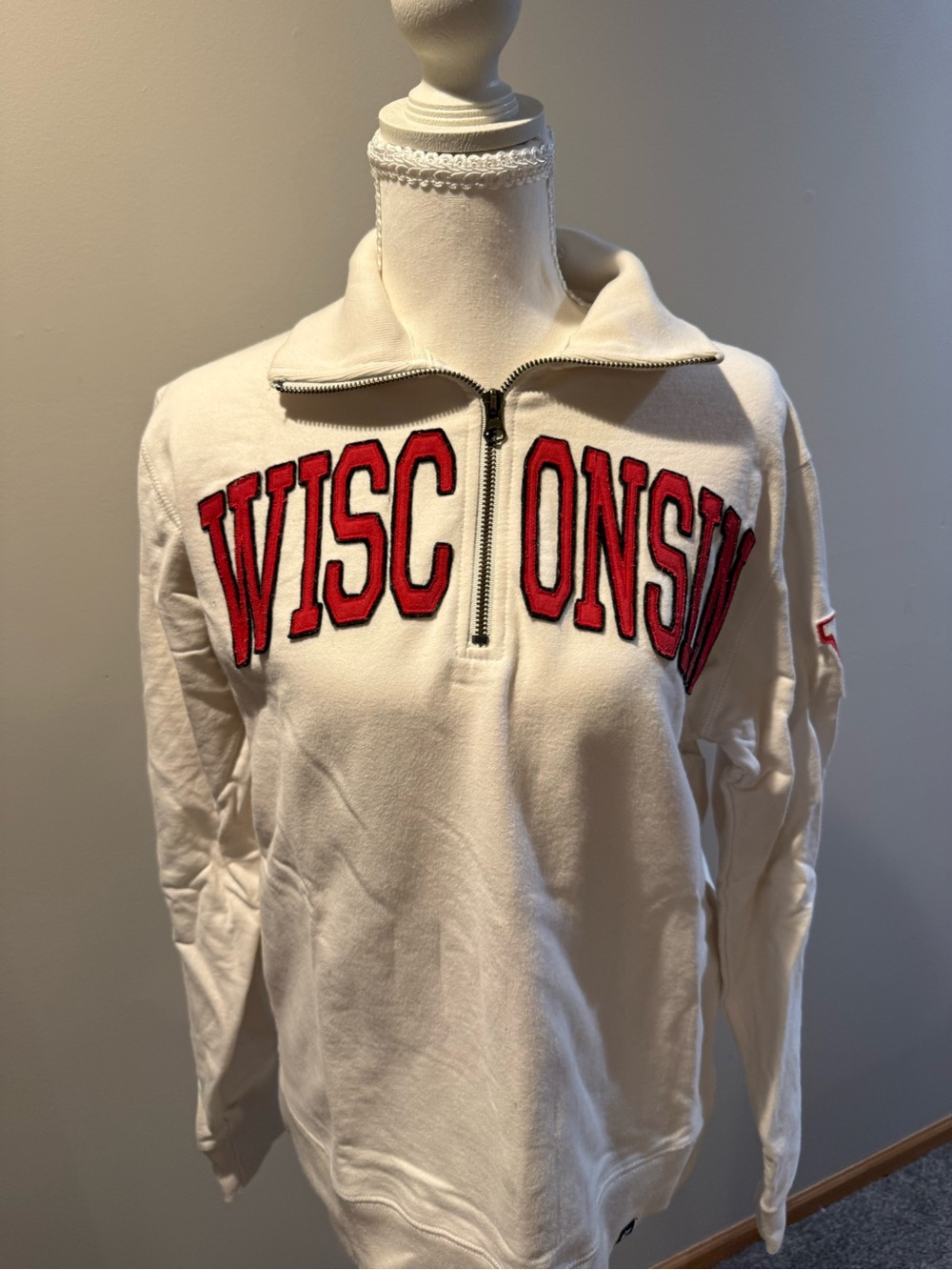 47 Brand White Half-Zip Sweater with Red Wisconsin Appliqué